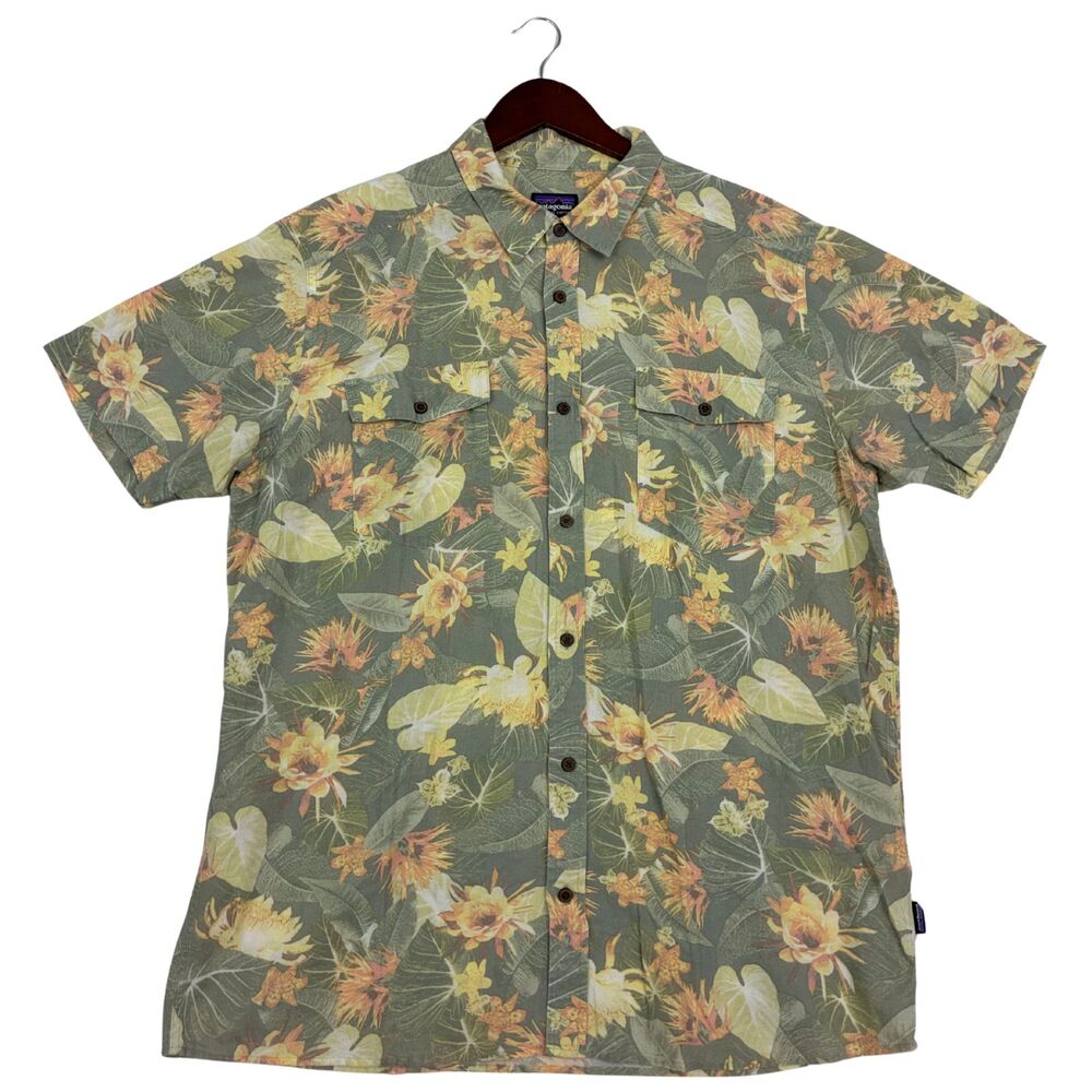 Patagonia Organic Cotton Hawaiian Shirt Mens XL Green Floral Tropical Button Up
